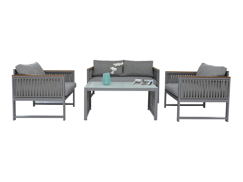 KD Design Giardino mobili da esterno Furni intrecciati di divano set con cuscino di sedile, legno sintetico sul bracciolo YQC-2786