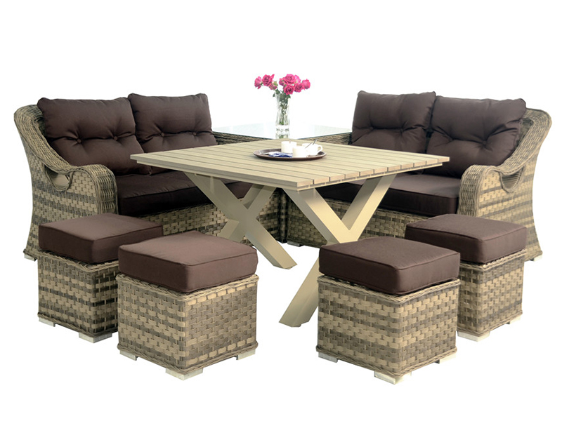 moderno tavolo da pranzo esterno mobili, set di sedie rattan in alluminio e tavolo con legno sintetico in cima, YQR-542A